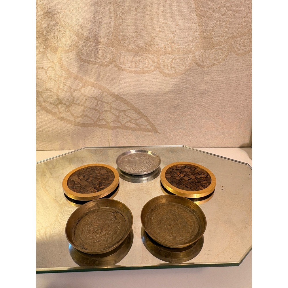 Vintage Mixed Metal Brass Etched Wood Mosaic Duck Trinket Dish Coaster Set 5pc